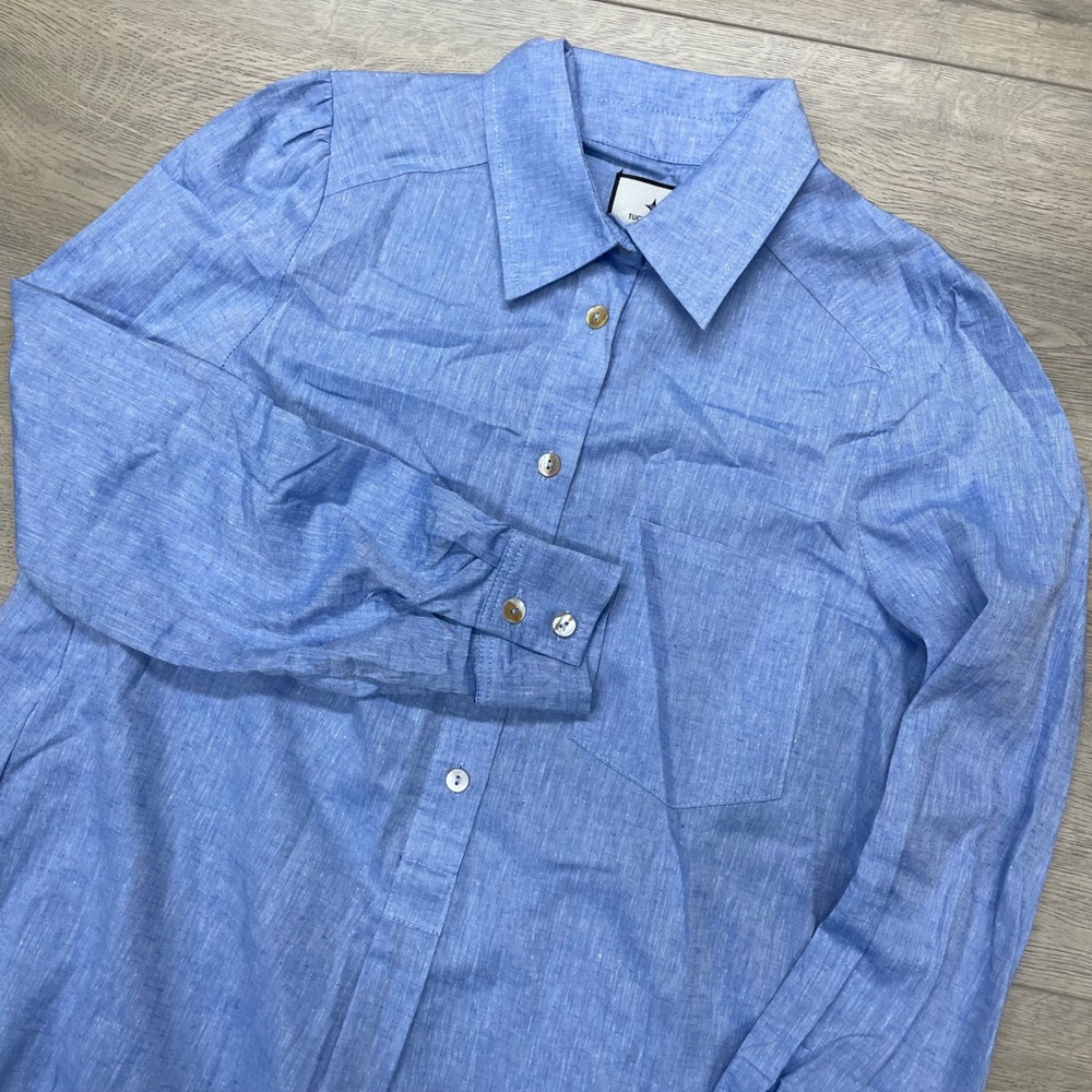 Tuckernuck Callaham Shirt Dress Women XS Blue Cotton L/S Ruffle Hem Y20060T